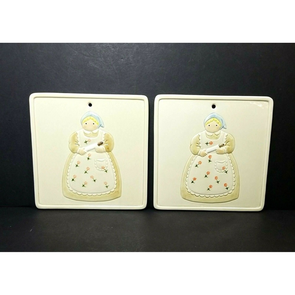 (2) Otagiri Farmhouse Lady w/ Rolling Pin Trivet Wall Art Plaque Ceramic Vintage